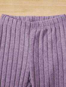 SHEIN Tween Girls' Knitted Ribbed Hooded T-shirt With Asymmetrical Hem And Tight Pants Two-piece Set - Purple - View 4