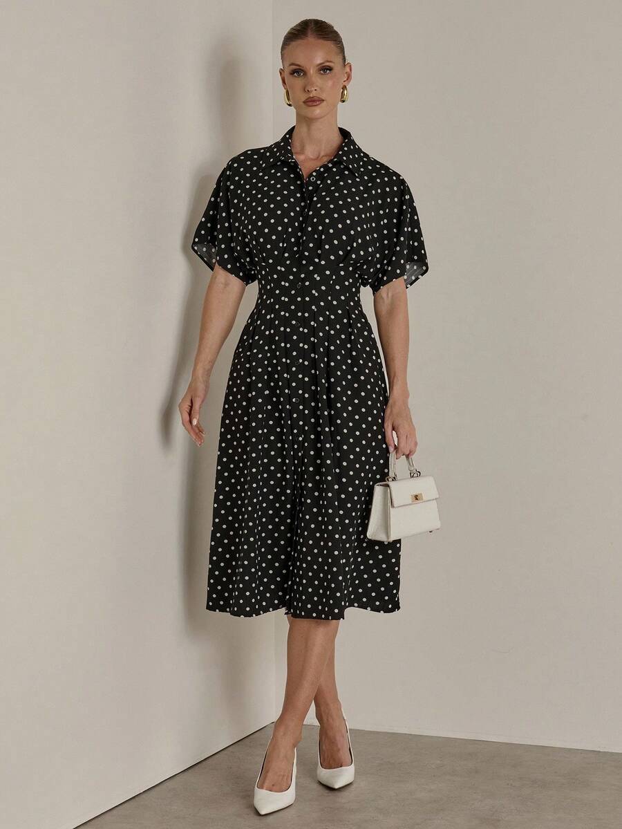 COSMINA 女士优雅收腰长款衬衫裙，秋冬 - 彩色 - 查看 1