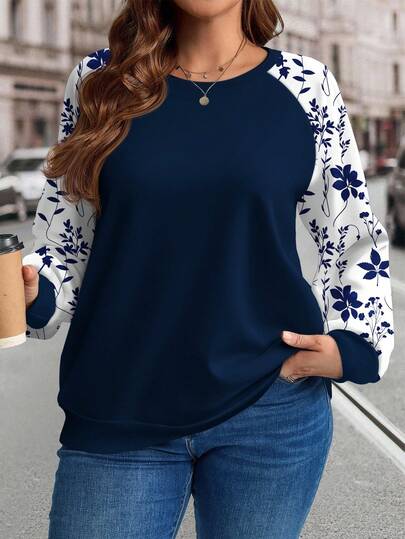EMERY ROSE Plus Size Casual Solid Color Floral Pattern Raglan Sleeve Sweatshirt,  Graduation Ceremony, Back To School Clothing, Graduation Ceremony, Female Teacher Clothing, Back To School,Spring