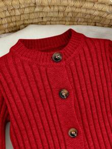 SHEIN 新生女婴可爱针织连体衣、连脚裤和帽子套装，百搭秋冬 - 紅色 - 查看 3