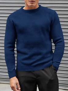 RueChic Men's Solid Basic Round Neck Sweater - Blue - View 6