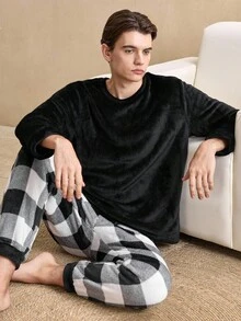 Men 2pcs Set: Solid Long Sleeve Round Neck Top And Plaid Long Pants Loungewear, Fall Winter Clothes, Fluffy Pajama, Cozy - Black - View 5