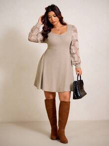 Elaquor Plus Size Elegant Romantic Lace Patchwork Sweetheart Neck Knitted Stretchy Solid Color Knee-Length Dress For Women Spring