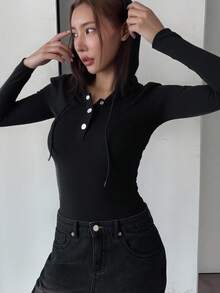 DAZY 女士保暖内衬圆领半拉链连帽T恤，秋季长袖女式上衣，保暖内衬，冬季 - 黑色 - 查看 3