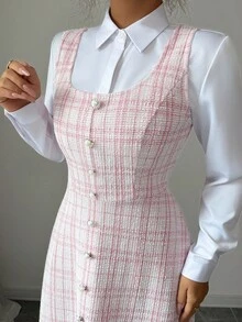 Elenzga 女士优雅 U 领无袖中长连衣裙，收腰设计，花卉提花面料，珍珠纽扣装饰，适合春秋季节 - 淺粉色 - 查看 3