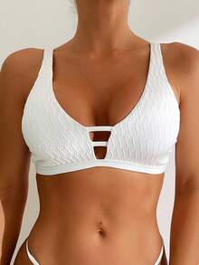 SHEIN Swim Summer Beach Ladies' Solid Deep V-Neck Bikini Top - White - View 3