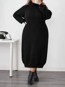 SHEIN CURVE+ Plus Size Women Solid Color Casual Long Sleeve Sweater Dresses In Fall/Winter