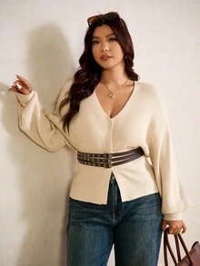 Elaquor Plus Size V-Neck Cinched Waist Cardigan, New Autumn/Winter Design Office Old Money Fall/Winter - Apricot - View 6
