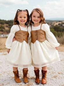 SHEIN Young Girl Fashionable PU Vest & Chiffon Long Sleeve Dress Set - Pink - View 8