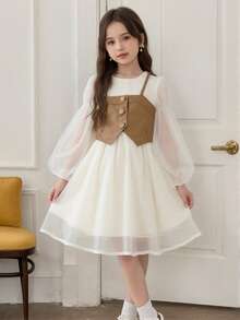 SHEIN Young Girl Fashionable PU Vest & Chiffon Long Sleeve Dress Set - Pink - View 9
