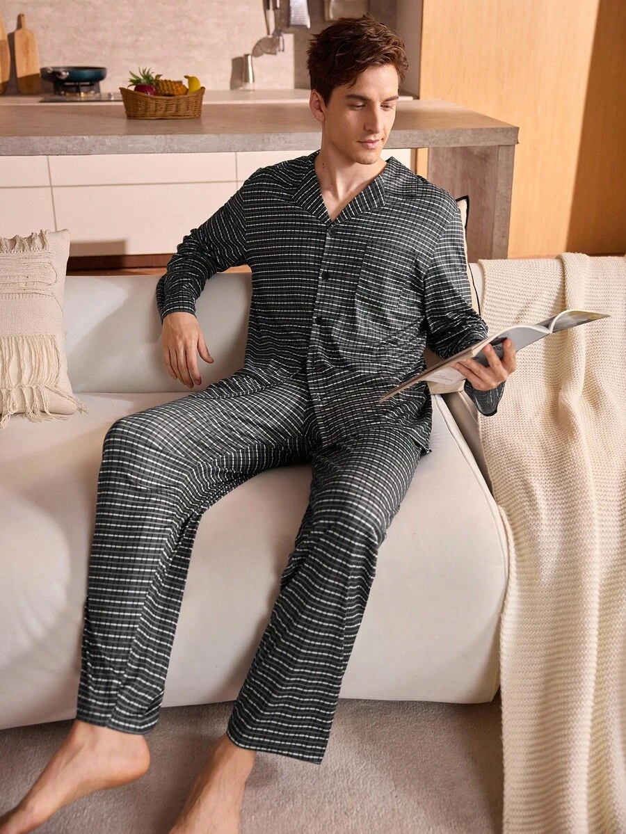 Manfinity Underwear&Sleepwear Basics 2 pièces Ensemble de pyjama à manches longues et pantalon long à motif à carreaux pour hommes de grande taille (confortable et doux pour le port à la maison) - Noir et Blanc - Voir 1