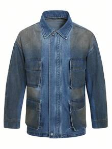 Manfinity Homme Men's Washed Distressed Denim Loose Jacket, For Fall - Blue - View 1