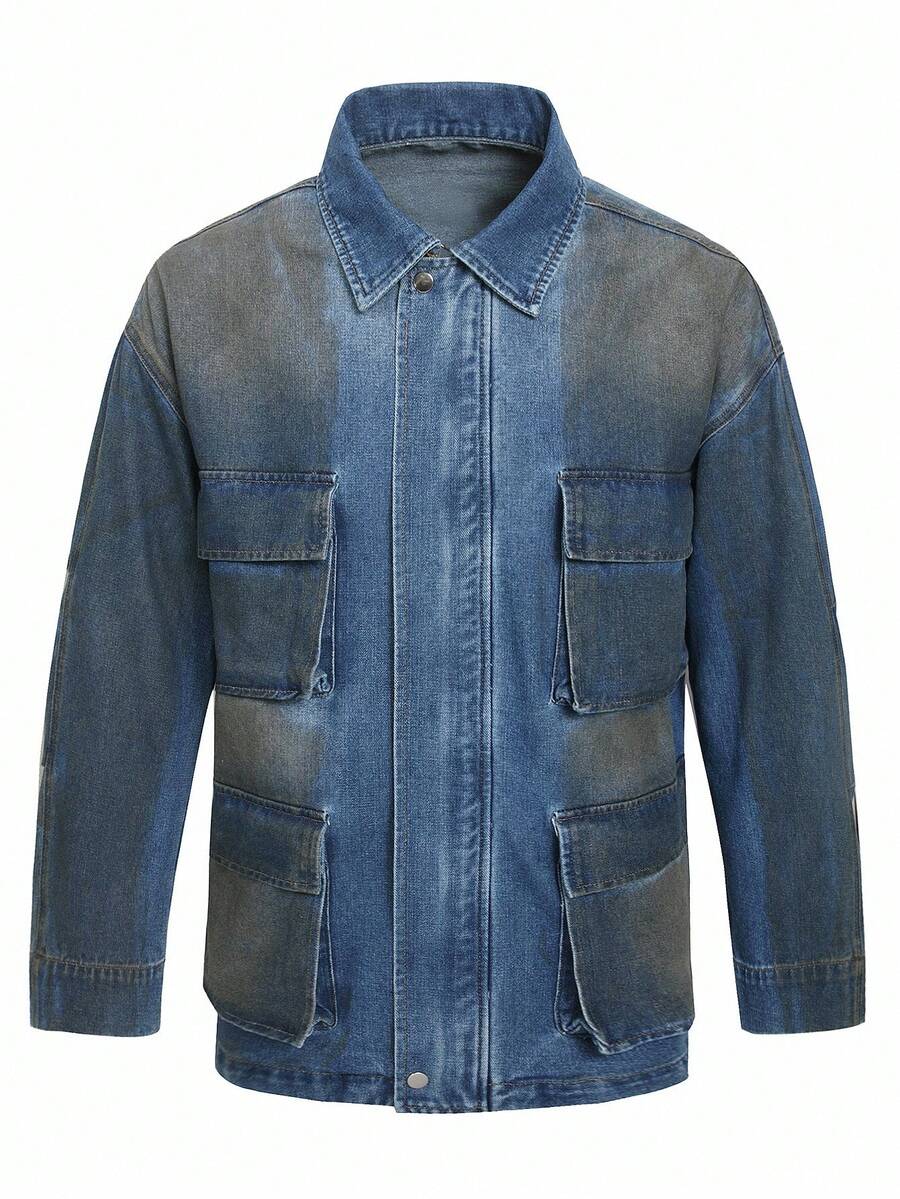 Manfinity Homme Men's Washed Distressed Denim Loose Jacket, For Fall - Blue - View 1
