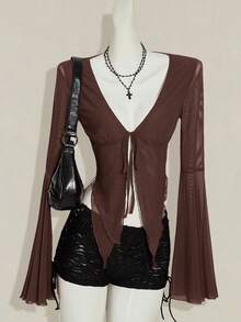 SHEIN ICON Áo thun tay dài màu trơn buộc phía trước thời trang Y2K Fall dành cho nữ, màu đỏ tía miền Tây, tay loe, thời trang dạo phố - màu nâu - Xem 3