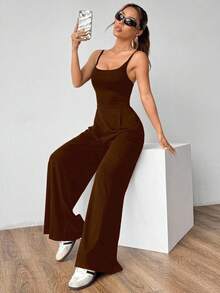 SHEIN Unity 女式纯色细肩带宽松连体裤 - 咖啡棕 - 查看 5
