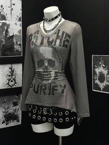 EgrlEra Women's Asymmetrical Hem Printed Long Sleeve Crew Neck T-Shirt, Military Green