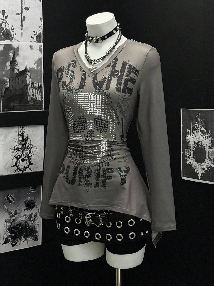 EgrlEra Women's Asymmetrical Hem Printed Long Sleeve Crew Neck T-Shirt, Military Green