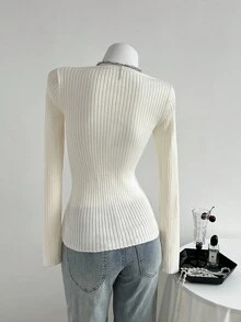 Elamini Áo len gân tay dài ôm sát màu trơn cho nữ, mùa thu - Màu be - Xem 2