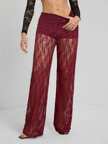 SHEIN Tall 女士纯色蕾丝拼接透视优雅时尚长裤 - 酒紅色 - 查看 3
