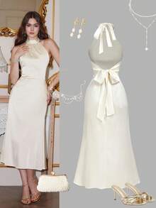 SHEIN MOD 女士蝴蝶结露背修身美人鱼连衣裙，秋冬，万圣节，圣诞节，外出，可爱，哥特，时尚，休闲，婚礼，优雅 - 杏色 - 查看 3