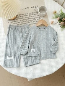 SHEIN 2 件 Babygirl 休闲针织卡其色长袖上衣和松紧腰裤套装，秋冬 - 淺灰色 - 查看 4