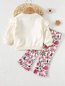 Cozy Pixies 2pcs Baby Girl Cartoon Animal Floral Deer Pattern Knitted Soft Round Neck Ruffle Trim Long Sleeve Sweatshirt & Elastic Waist Slim Fit Flare Pants Set, Suitable For Autumn/Winter, New Year, Indoor, Outdoor, Casual, Skiing, Back To School, Daily, Sports, Play, Party - Multicolor - View 2