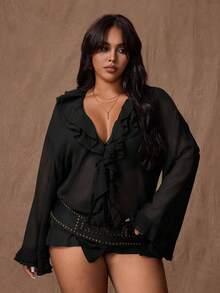 Rustia Plus Size Women Solid Color Chiffon Thin Double Ruffle Trim Loose Tie Front Long Sleeve Blouse - Black - View 1