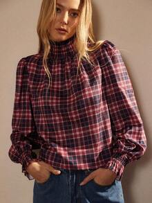 Écloséra 法国复古格纹印花圣诞百搭优雅浪漫衬衫，女士秋冬衬衫 - 彩色 - 查看 3