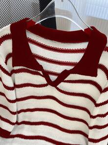 GlowEve CURVE Plus Size Colorblock Striped Casual Knit Top - Burgundy - View 5