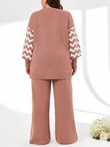 SHEIN Cottnline Plus Size randig färgblock tröja och byxor i två delar, för vintern - Rosa - Visa 3