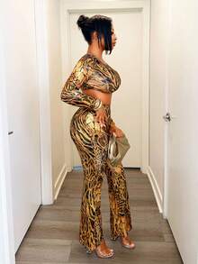 BamGleam 2pcs Leopard Print Sexy Crop Top And Flare Pants Set - Coffee Brown - View 4