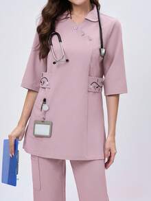 Scrubzie 不对称领刺绣长款制服上衣 - 藕粉色 - 查看 4