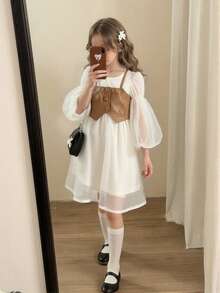 SHEIN Young Girl Fashionable PU Vest & Chiffon Long Sleeve Dress Set - Pink - View 7