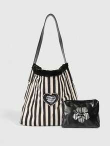 ROMWE 2 Pcs Retro Style Black And White Striped Fur Edge Decoration Women's Shoulder Bag, Large Capacity Flower Printed Mother And Bag, Suitable For Daily Travel In Autumn And Winter, Leopard Print Heart-Shaped Decoration Commuting Bag - Black and White - View 8
