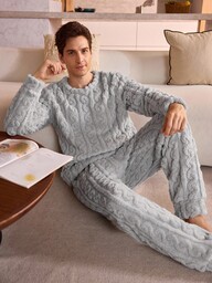 Manfinity Underwear&Sleepwear Basics メンズ フリース クルーネック 長袖 トップスとパンツ ふわふわ パジャマセット 冬 秋 冬服 着心地良い 2点セット