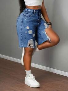 Slaydiva Quần short denim nữ cạp thấp, rộng rãi, rách 5 điểm, họa tiết kim cương Bermuda / Quần short denim xanh nhạt / Quần áo nữ mùa thu / Trở lại trường / Quần áo đồng quê nữ / Quần áo hòa nhạc đồng quê / Quần áo nữ cổ điển / Quần áo đi chơi / Quần áo sân bay nữ / Trang phục đường phố nữ / Quần áo nữ phong cách Y2K - Rửa trung bình - Xem 5
