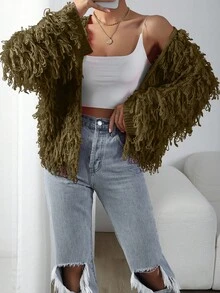 Zolique Áo khoác cardigan tua rua màu trơn thời trang cho đi làm, mùa thu - Màu xanh Ô liu - Xem 3