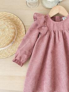 SHEIN Baby Girl Cute Corduroy Loose Ruffled Hem Pink Long Sleeve Dress Fall Winter - Pink - View 6
