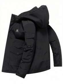 SHEIN Tween Boy Letter Graphic Zip-Up Fleece Hoodie Jacket, Boys Sherpa Lined Jacket, Boys Black Winter Jacket Fall - Black - View 1