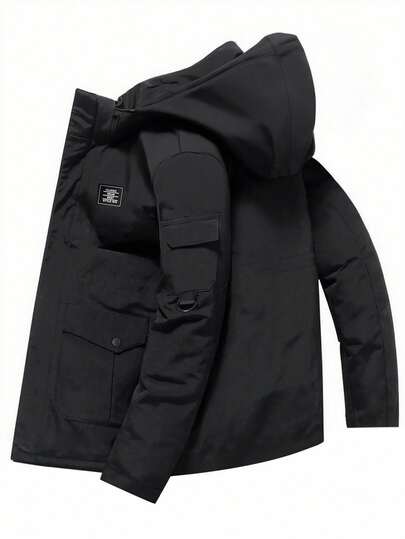 SHEIN Tween Boy Letter Graphic Zip-Up Fleece Hoodie Jacket, Boys Sherpa Lined Jacket, Boys Black Winter Jacket Fall