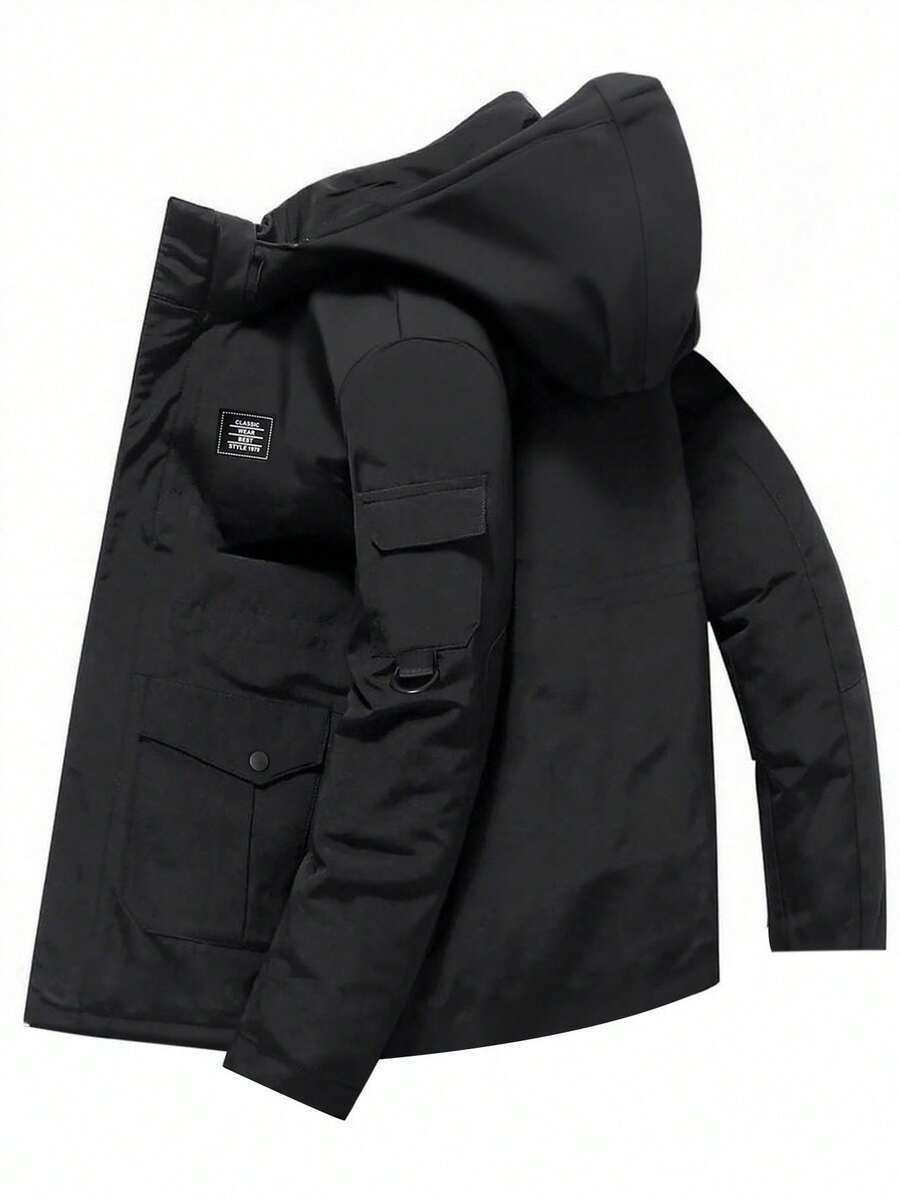 SHEIN Tween Boy Letter Graphic Zip-Up Fleece Hoodie Jacket, Boys Sherpa Lined Jacket, Boys Black Winter Jacket Fall - Black - View 1