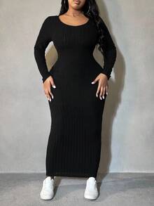 SHEIN PETITE CURVE Plus Solid Ribbed Knit Bodycon Dress - Black - View 4