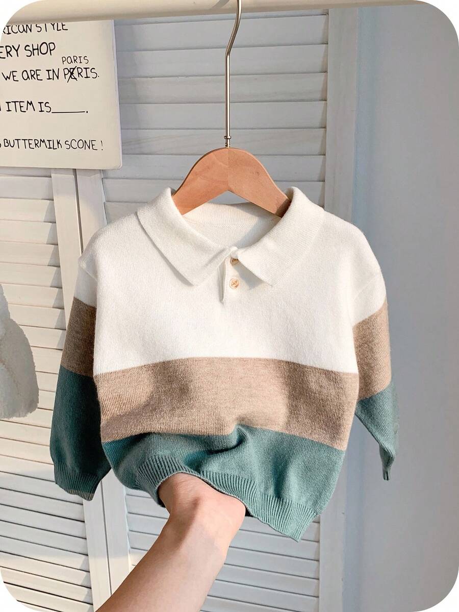 SHEIN 小男孩休闲撞色针织软领拉链长袖毛衣，适合秋冬季通勤、上学、居家、休闲、街头风格、派对和户外