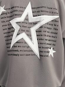 SHEIN Tween Boys 宽松休闲街头灰色超宽松落肩后背字母星星印花连帽拉链运动衫夹克 - 深灰色 - 查看 7