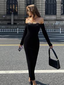 DAZY Váy ren hở vai chắp vá eo mùa thu cho nữ - màu đen - Xem 5