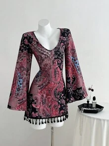 Elamini 1 chiếc váy len ngắn cho nữ, nhiều màu sắc, họa tiết hoa hạt điều bohemian, tay dài, mặc thường ngày/đi làm hàng ngày - Nhiều màu - Xem 7