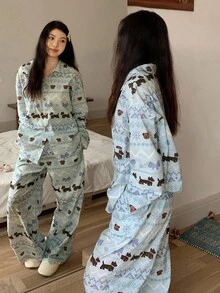 DAZY 可爱小狗蝴蝶结印花女士睡衣套装，秋冬服装 - 藍色 - 查看 5