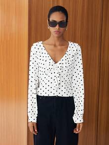 Lumivelle Women's V-Neck Ruffle Patchwork Elegant Polka Dot Long Sleeve Cinched Waist Commuter Blouse - White - View 3