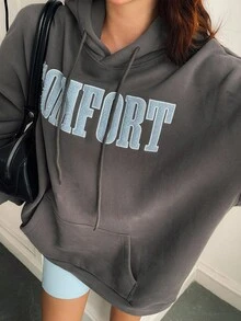 Livesso Damen Herbst/Winter Kapuzen-Sweatshirt mit Buchstaben-Stickerei, Oversized Passform, Langarm, Lässig mit Kordelzug