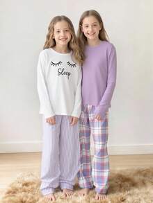 4 件套女童纯紫色上衣 + 格子裤套装，白色上衣带英文字母和睫毛印花 + 格子裤 + 发圈